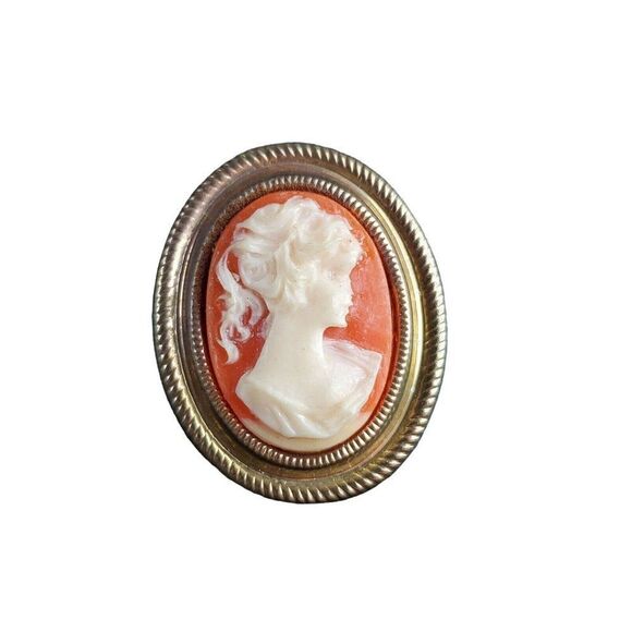 ANTIQUE Vintage Jewelry- Oval Cream Cameo on Orange Pendant Pin Brooch - Picture 5 of 6